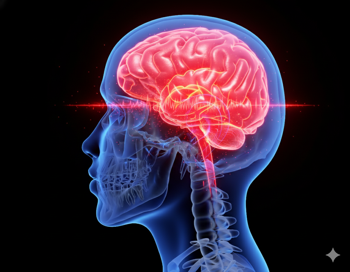 Red light penetrating through skull to brain